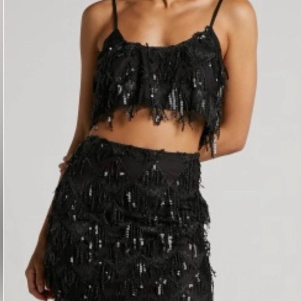 Showpo Black Sequin Two Piece Fringe Set